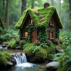 Obraz premium waterfall with the cottage in the forest