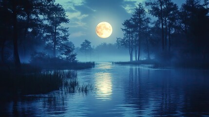 A calm swampy river winding through a dark, eerie forest illuminated by the full moon, creating a spooky and mysterious atmosphere perfect for Halloween themes.