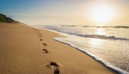 Footprints on the beach sand in the morning