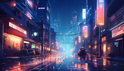 Anime-style city at night with glowing streetlights and rain-soaked streets, capturing a moody, atmospheric urban scene