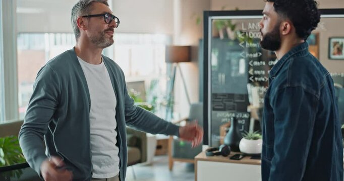 Conversation, handshake and introduction with business people in office together for collaboration. Greeting, hello and meeting with employee men shaking hands in workplace for partnership or welcome