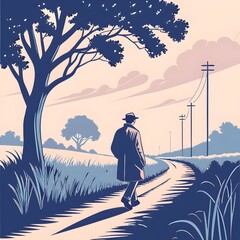 Obraz premium Vintage Style Illustration of a Man Walking Along a Rural Path with Trees and Telephone Poles - Solitary Journey in Pastel Landscape