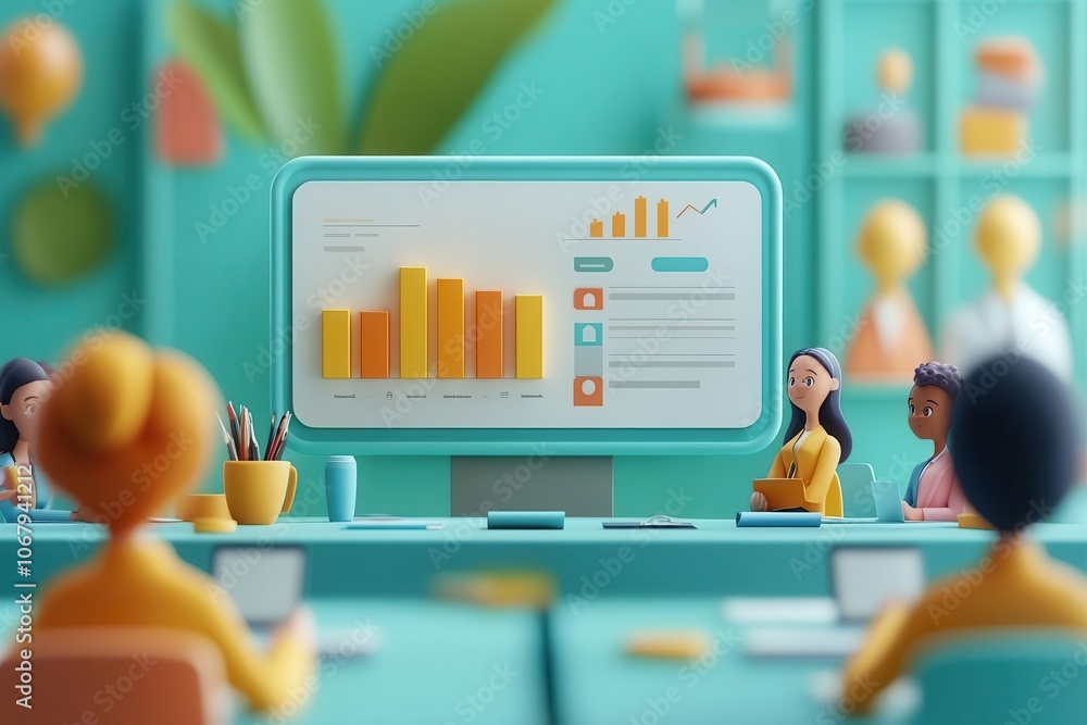 Poster A vibrant workspace scene with animated figures engaged in a presentation, featuring graphs and charts on a screen, surrounded by a modern and colorful environment.