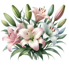 Fototapeta premium Cluster of white and pink lilies with green leaves. Watercolor botanical illustration isolated on transparent background.