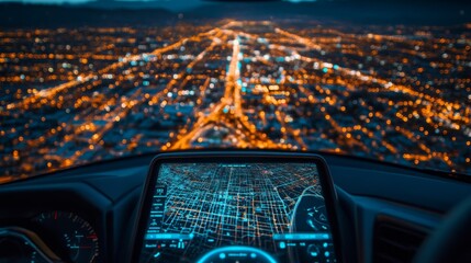 Night Cityscape View from Car Dashboard with Navigation System