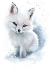Obraz premium cozy watercolor style arctic fox with frosty whiskers sits gracefully in snow, showcasing its soft, fluffy fur and captivating eyes