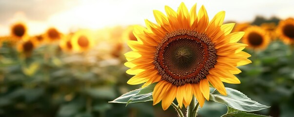 A vibrant sunflower stands tall in a golden field, illuminated by the warm glow of the setting sun.