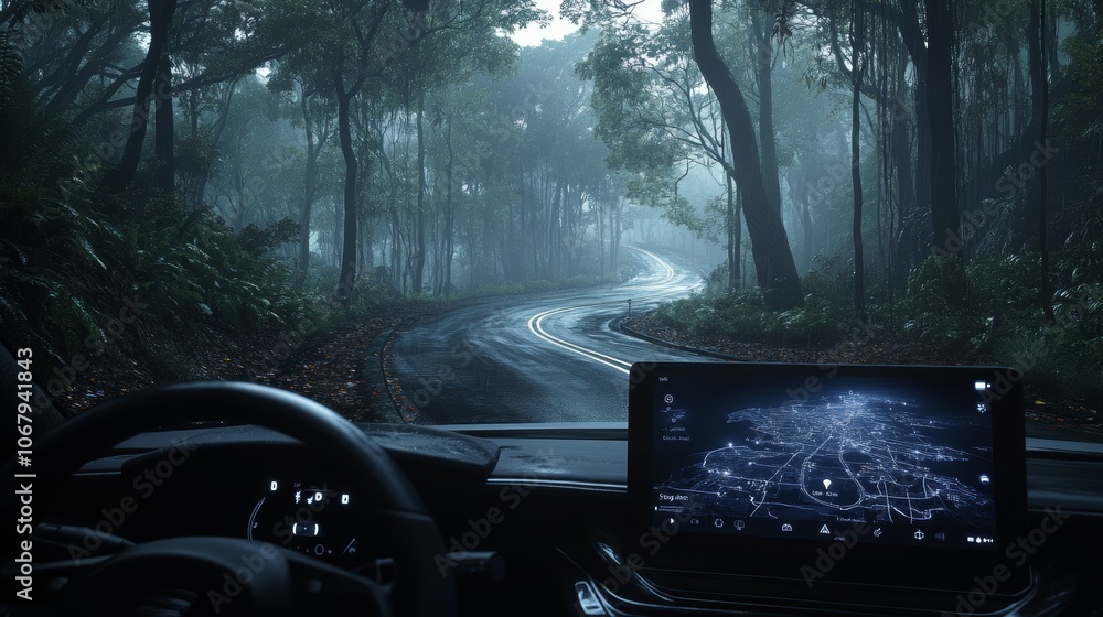 Poster driving through foggy forest with navigation system