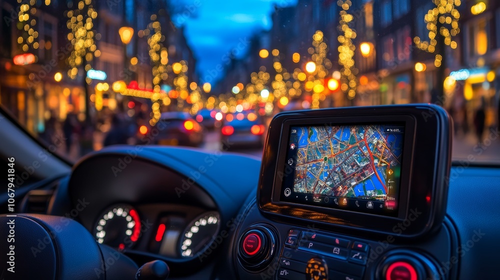Poster navigation system in car with city lights in the background