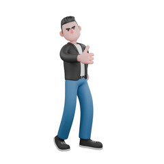 Illustrated 3D Music Character. A male musician is standing to the left while his right hand points his thumb forward. Cartoon Performer
