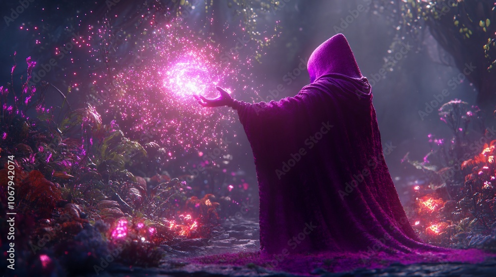 Poster a hooded figure casting a spell in a mystical forest with glowing particles.