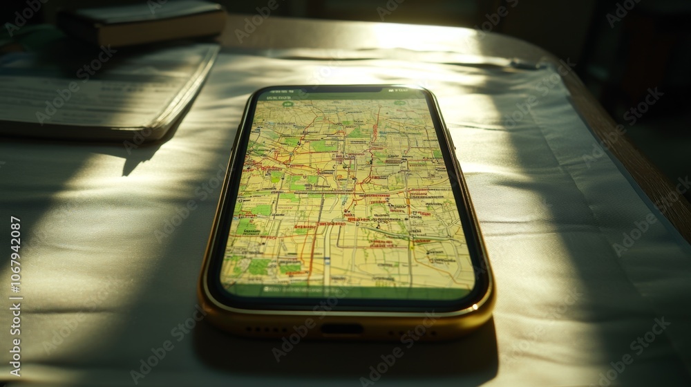 Poster smartphone gps navigation app displaying city map on white table
