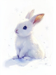 Obraz premium joyful watercolor style arctic hare with soft white fur and large expressive eyes sits in snowy landscape, evoking sense of wonder and tranquility
