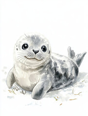playful watercolor style wintery seal pup with charming expression, resting on snowy surface. This adorable creature captures essence of winter wildlife