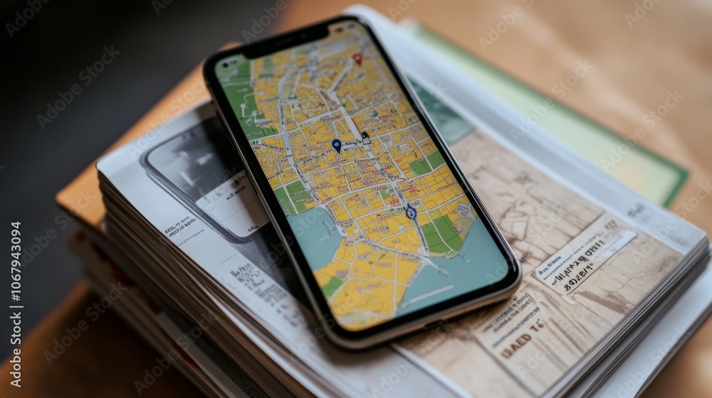 Poster smartphone navigation app displaying city map on stack of books