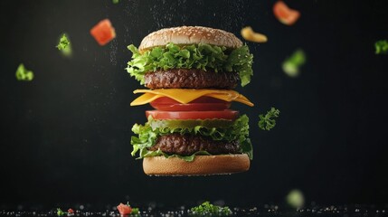 A delicious burger with floating layers of lettuce, tomato, beef patty, and melted cheese, suspended mid-air on a black background.