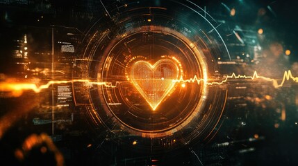 Obraz premium A digital healthcare symbol surrounded by a heartbeat line and modern medical icons, creating a futuristic medical theme.