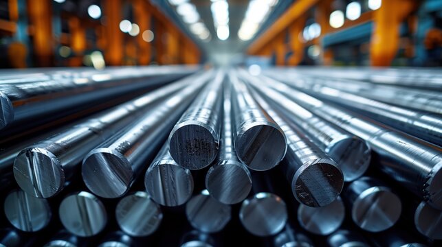 Stack of Polished Steel Rods in Warehouse. Close-up of shiny, cylindrical steel rods neatly stacked in an industrial warehouse, highlighting the manufacturing and raw material industry.