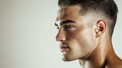Fototapeta premium Close up Profile Portrait of Handsome Young Man with Short Hairstyle
