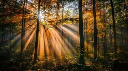 Obraz premium Sunbeams pierce through the canopy of a deciduous forest in autumn, creating a mystical and golden atmosphere.