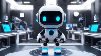 Fototapeta premium White robot with blue eyes standing in a futuristic lab.