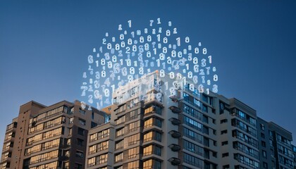 Fototapeta premium A scene where numbers representing apartment prices float in the sky