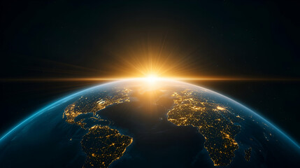 Fototapeta premium Aerial shot of sun rising over earth. Golden hour concept.Aerial shot of sun rising over earth