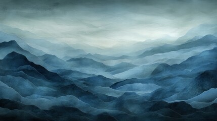 Serene landscape painting, majestic mountains under cloudy sky evoking tranquility and peace