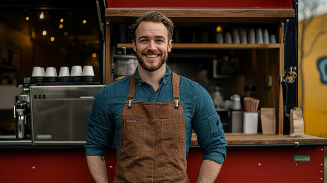 Barista smiling at outdoor café counter with coffee equipment during a sunny day