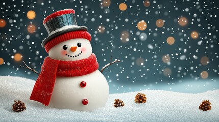 A Christmas snowman with a red scarf and a top hat on a snowy background symbolizes holiday celebrations, perfect for festive greeting cards and banners.