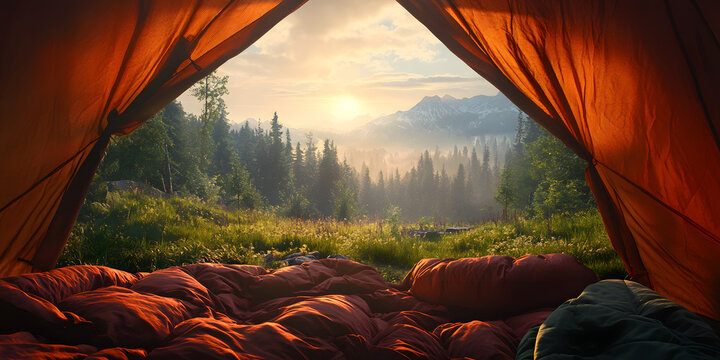 Beautiful natural scenery looking out of a tent at sunrise/sunset with sleeping bags on the ground. Wallpaper, outdoor sports, outdoors, poster, background, camping, lifestyle, forest, meadow