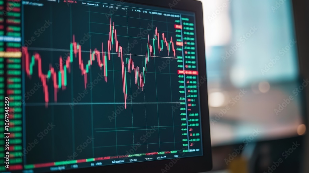 Aufkleber stock market chart analysis on computer monitor, visualizing financial data for investment decisions