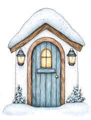 cheerful watercolor style snowy cottage door with lanterns and snow covered roof, creating cozy winter atmosphere