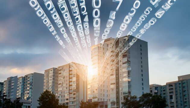 A scene where numbers representing apartment prices float in the sky