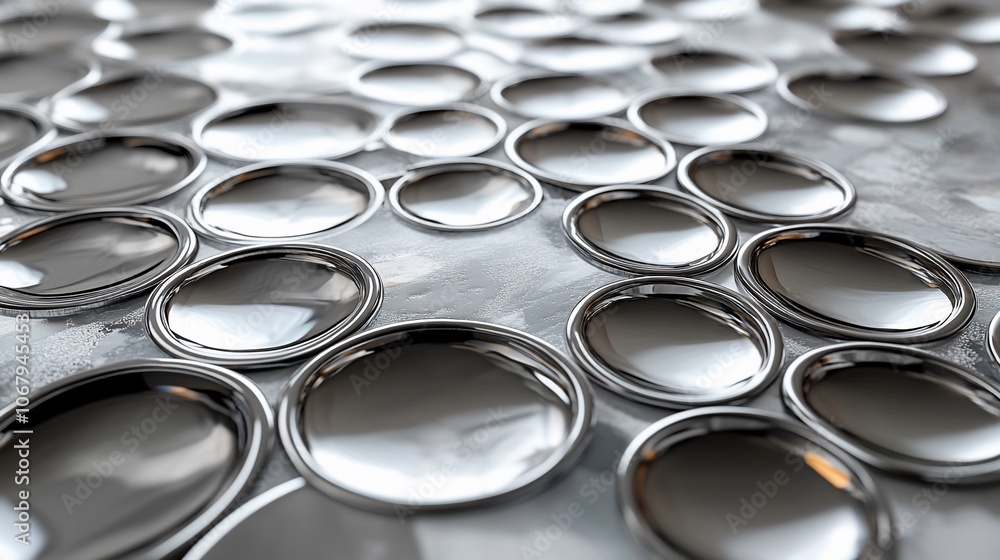 Aufkleber abstract pattern of shiny silver circles on a textured surface, with a blurred background.