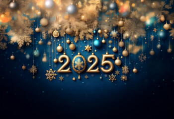 Golden "2025" with a snowflake ornament on a dark blue background. The year is surrounded by golden and blue ornaments, snowflakes, and lights.