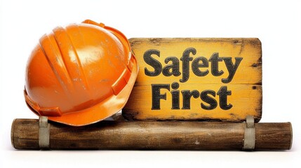 Hard hat and safety first sign on wooden plank, prioritizing workplace protection