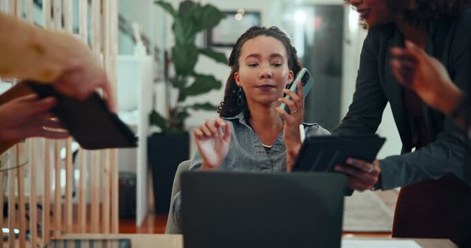 Multitasking, hands and businesswoman busy in office with chaos for documents, approval or deadline. Technology, team and female PR executive with pressure, compliance and project review at agency.