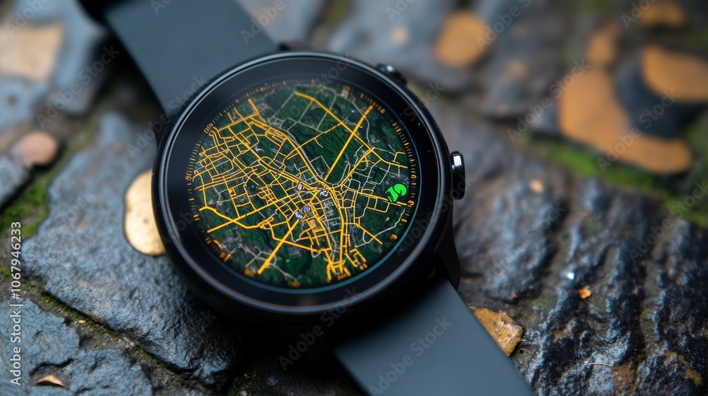 Poster smartwatch gps navigation app displaying city map with pin