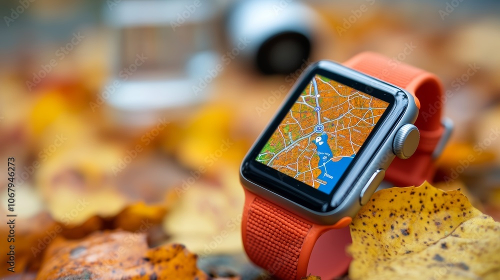 Poster smartwatch gps navigation map app autumn leaves background