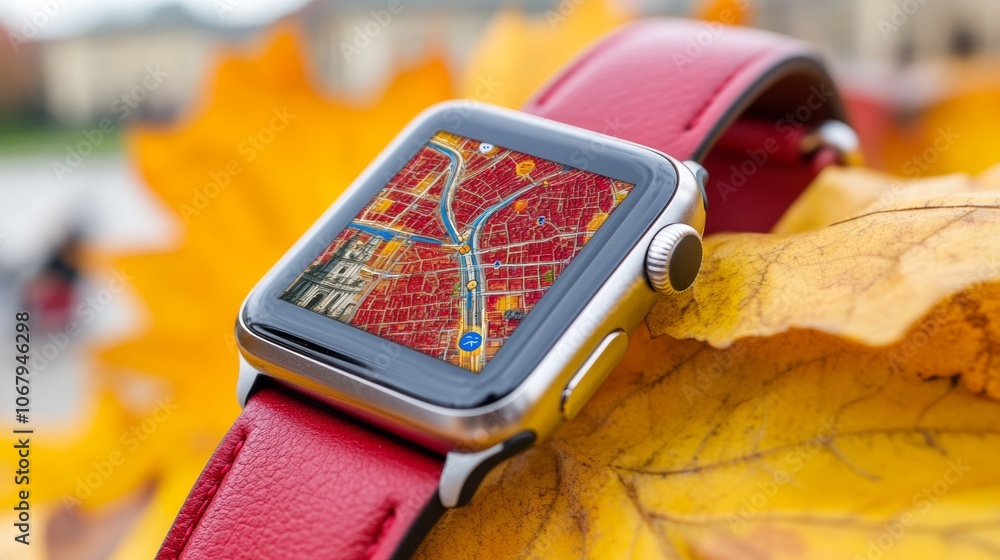 Poster smartwatch navigation app displaying city map on red strap