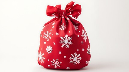 Red Santa Claus bag decorated with snowflakes and stuffed with presents, sitting on a white background