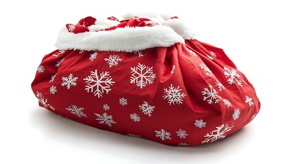 Red Santa Claus bag decorated with snowflakes and stuffed with presents, sitting on a white background