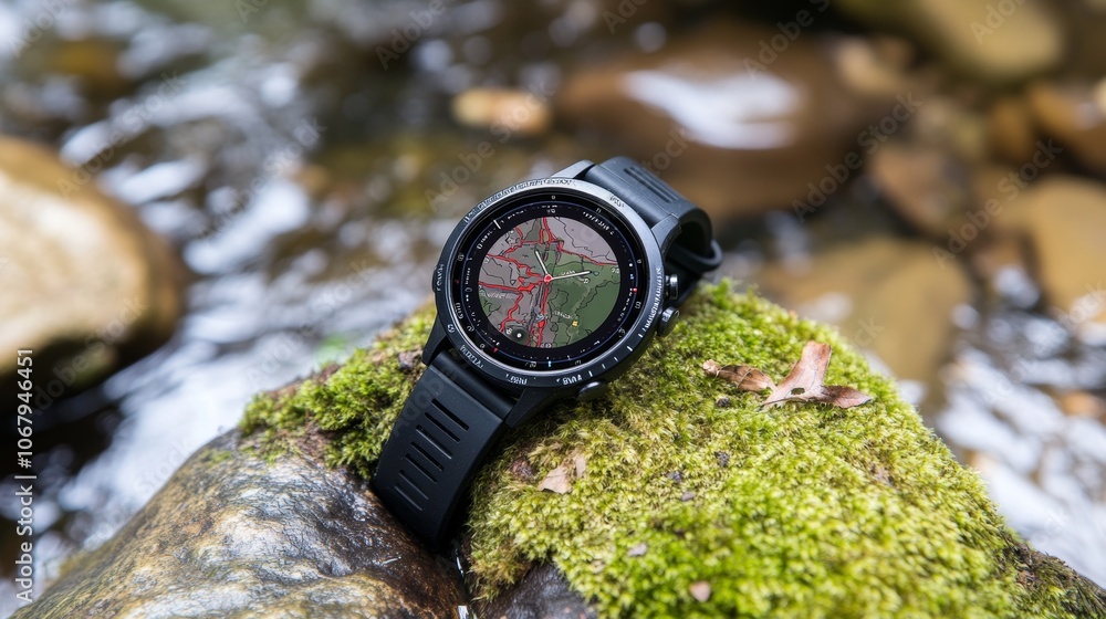 Poster gps smartwatch with map display on mossy rock by stream