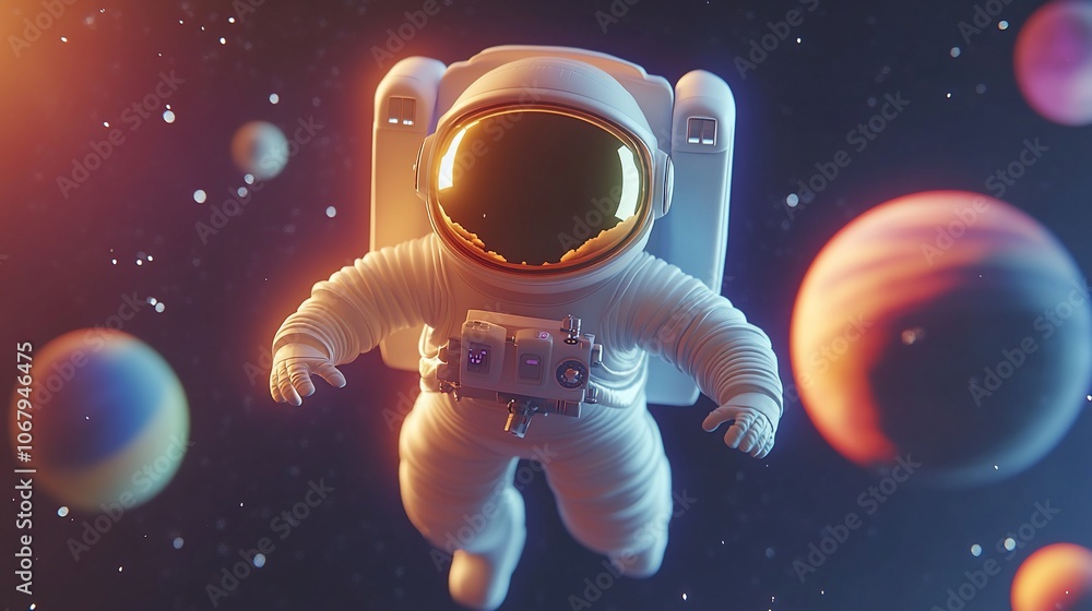 Poster astronaut floating in space with planets in the background.