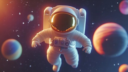 Astronaut floating in space with planets in the background.