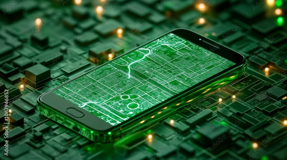 Poster smartphone with gps navigation app on circuit board technology background