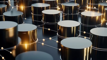 A series of black cylinders with gold accents