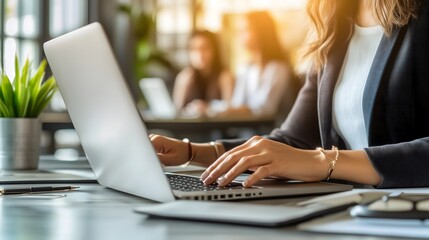 Modern home office scene featuring a focused individual in a comfortable chair,utilizing laptop an web camera for remote hiring success,accompanied by natural lighting ,potted plant decor,and spacious