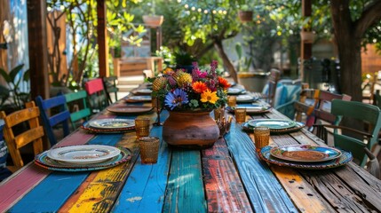 Colorful Table Setting in a Garden